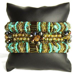 Czech Glass Bugle Bead Bracelet Turquoise, Gold